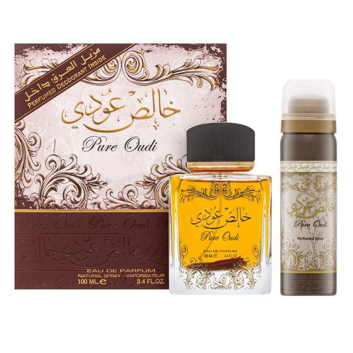 Set Lattafa: Pure Oudi, Eau De Parfum, Unisex, 100 ml + Pure Oudi, Anti Perspirant, Deodorant Spray, Unisex, 50 ml